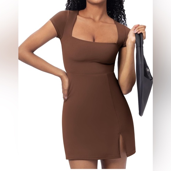 Women's Square Neck Short Sleeve Mini Dress Y2K Party Club Side Slit Stretchy - Picture 1 of 7